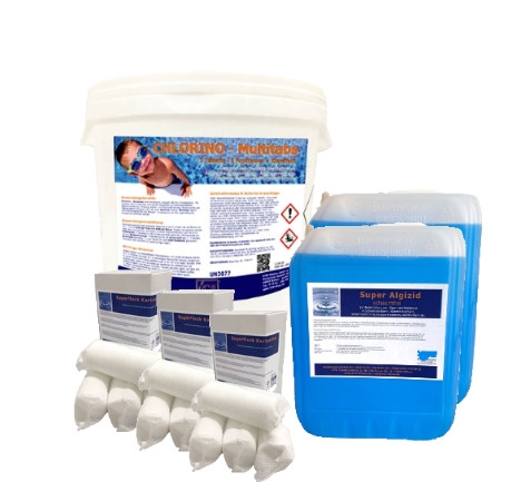 Angebot-August : 1 x 10kg Chlorino Multitabs ; 2 x 5L Algizid; 3 x 1 kg Flockmittel